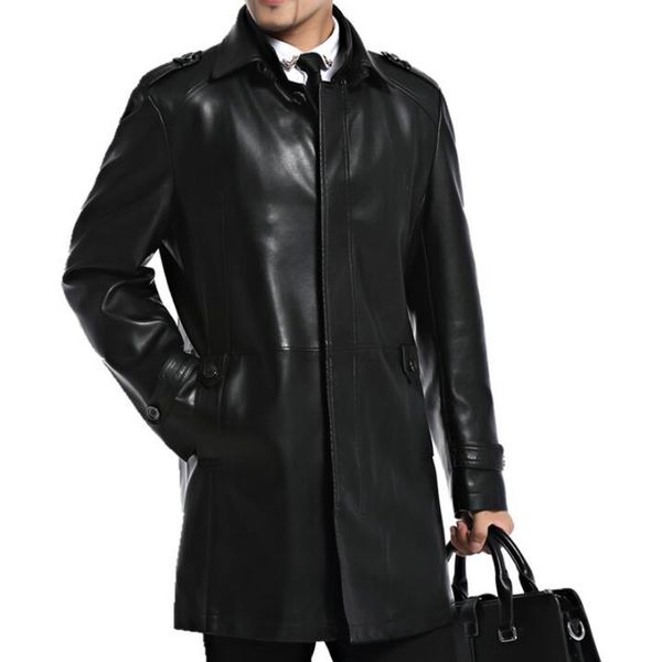 

2019 new autumn and winter brand men's genuine leather jackets thickening long leather coat men natural sheepskin jacket, Black