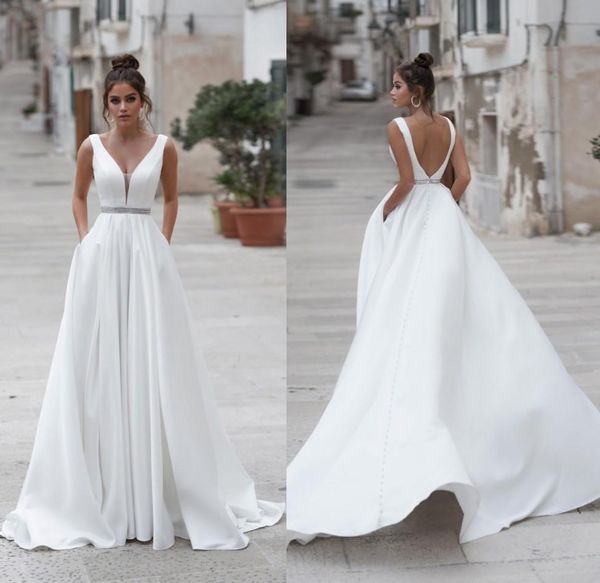 Semplice abito da sposa estivo a trapezio con tasche Sexy senza spalline senza maniche Cintura con perline Abito da sposa da giardino da spiaggia Vestidos De Mariee