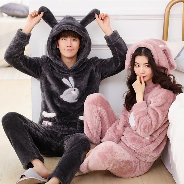 

qweek 2019 new cartoon print couple pajamas flannel thick warm home sleepwear women loose soft pyjamas two piece lounge pijamas, Black;red