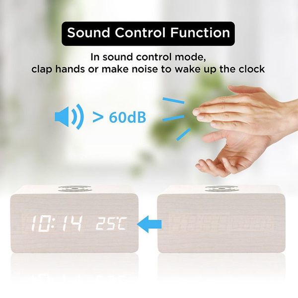 

wooden alarm clock with qi wireless charging pad compatible with for iphone samsung wood led digital clock sound control functio