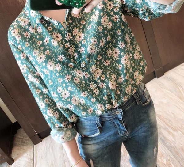 

woman shirt green floral cotton silk shirt spring new romantic soft long sleeve, White