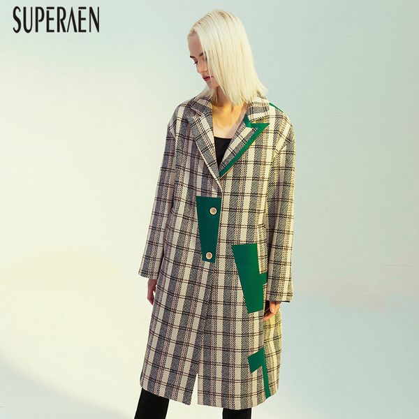 

superaen europe fashion trench coat for women autumn and winter new 2019 wild women clothing irregular plaid windbreakers, Tan;black