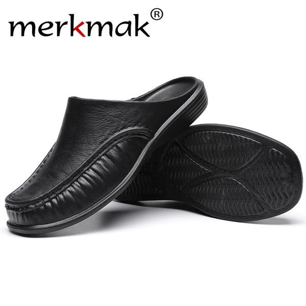 

merkmak slippers men shoes summer casual british wind half drag leather man shoes breathable slip on lazy loafers male, Black