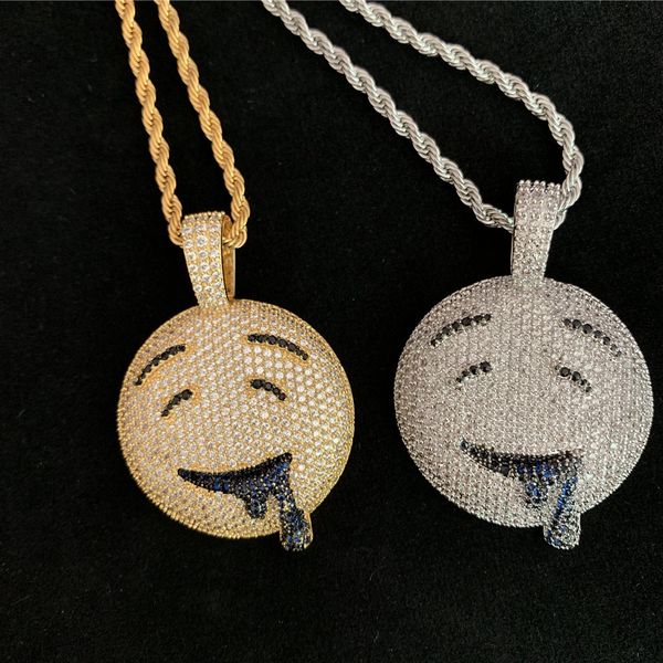 

drool round face pendant gold silver charm bling cubic zircon men's iced out chain hip hop necklace rock gift jewelry
