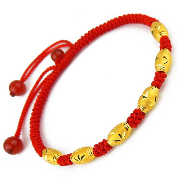 

pure 999 24k yellow gold craved lucky beads red knitted chain bracelet 6pcs link, Golden;silver