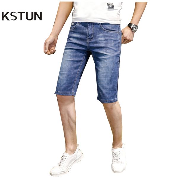 

kstun jeans men slim fit denim shorts solid blue stretchy man jeans brand 2018 business casual short jean pants cowboys hombre