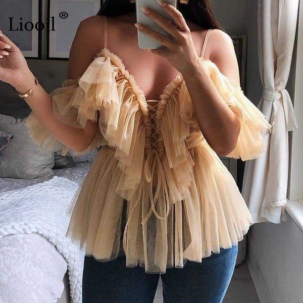 

liooil off shoulder mesh blouse women black blusas 2019 streetwear v neck lace-up see through womens and blouses, White
