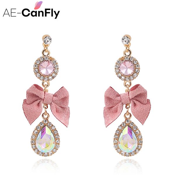 

ae-canfly korean sweet pink bow drop earring bling crystal long earring brincos pendientes wholesale jewelry, Silver