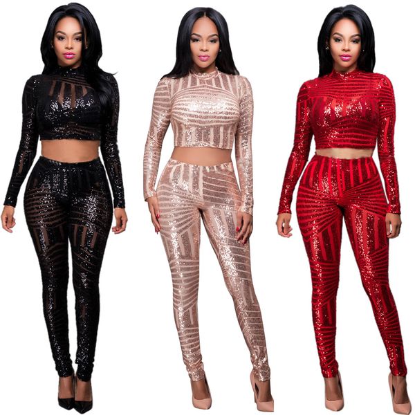

women 2 piece sequin club jumpsuit spring fall long sleeve crop and long pant rompers mesh patchwork zipper skinny overalls, Black;white