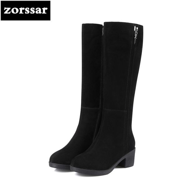 

zorssar} 2019 new winter plush female snow boots fashion thigh high boots cow suede leather thick heel women knee high, Black