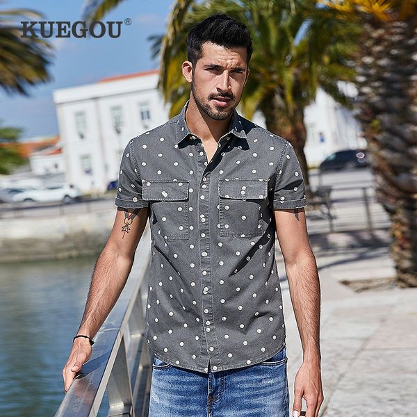 

kuegou brand men's short sleeve shirt solid summer fashion printing 100% cotton polka dot shirts short sleeves men bc-28313, White;black