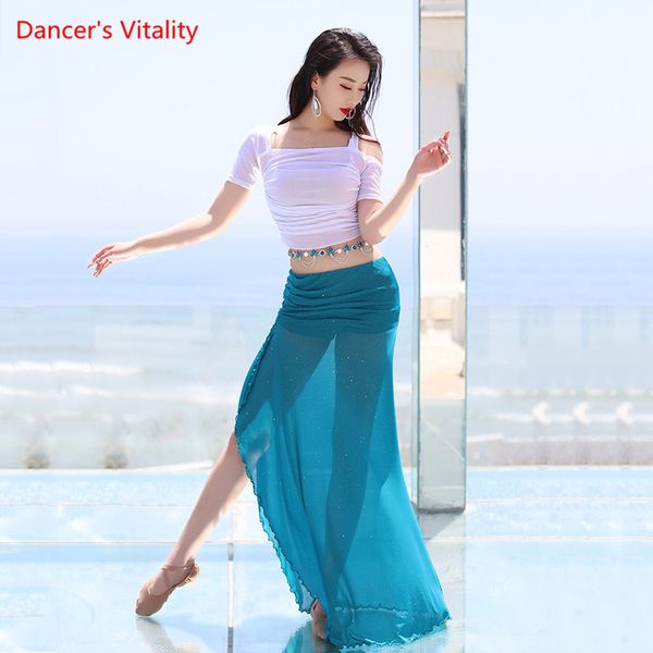 

belly dance summer suit female practice clothes elegant shirt water yarn profession performance long skirt set, Black;red