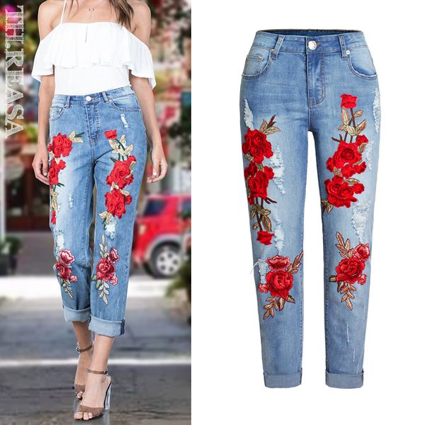 

2019 women stretch high waist skinny embroidery jeans floral print denim pants trousers women pencil pant plus size, Blue