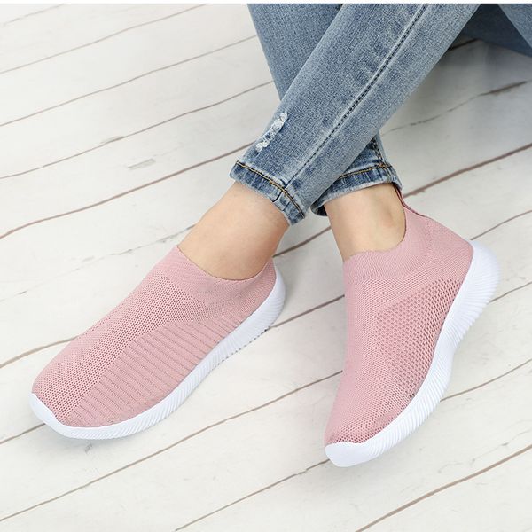 

lemai women plus size spring sneakers knitting sock female vulcanized shoes casual slip on flat shoe mesh soft walking footwear, Black