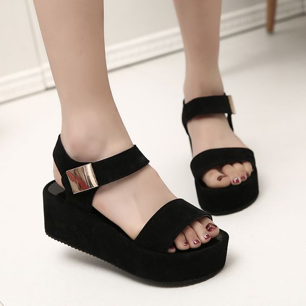 

2016 summer new style korean-style fashion women's sandals muffin thick bottomed high-heel slanted heel fish mouth rome trendy s, Black