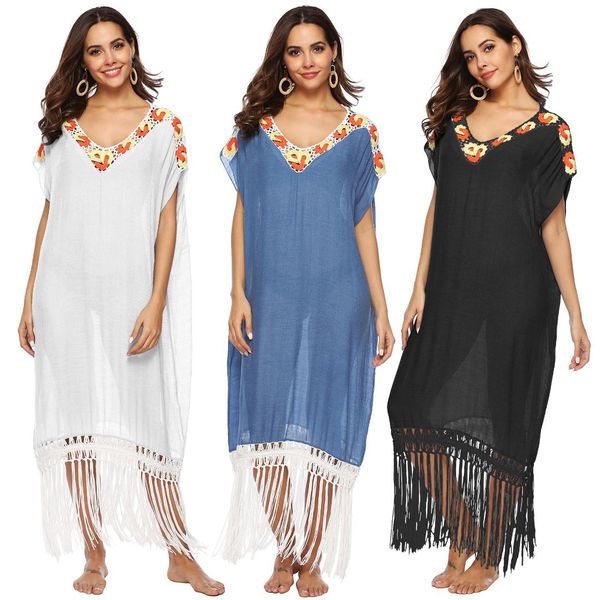 

crochet flower beach wear bikini cover up tassel summer tunic women short-sleeve v-neck swim wear beach long dress, Blue;gray