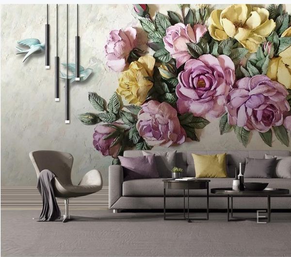 

modern wallpaper for living room european style 3d embossed rose bird background wall decoration painting