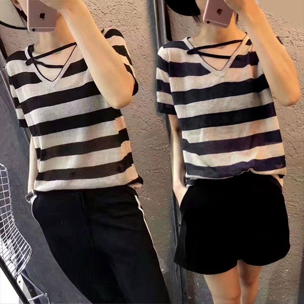 

hong kong бренд моды 2020 женщин свободно полосатый шелк льда футболка женская все-матч дуань xiu ins топ, White