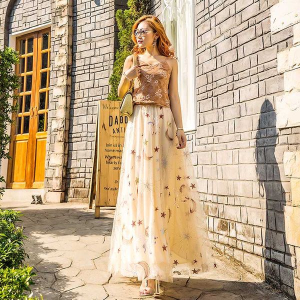 

women's long skirts with sequins office ladies spring fashion sweet party skirt star autumn embroidery clothing lwl368, Black