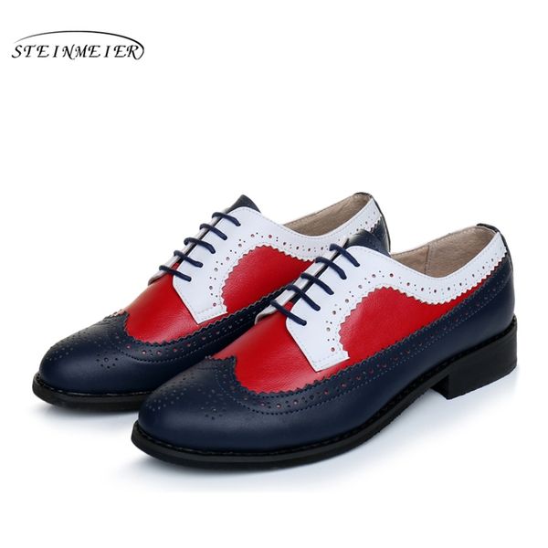 

100% genuine cow leather brogue men flats shoes handmade vintage casual shoes oxford for men red blue white us, Black