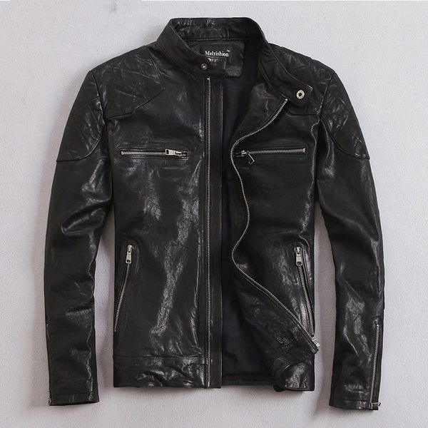 

yolanfairy 100% natural goat skin leather jacket men spring autumn short slim motocycle bomber jackets casacas de cuero mf032, Black
