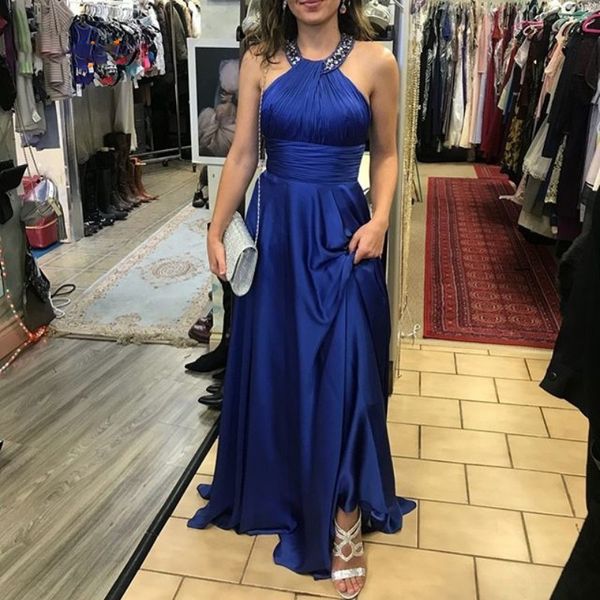 Halter Kraliyet Mavi Gelinlik Modelleri Saten Etek A-Line Kadınlar Resmi akşam yemeği Parti Elbise Pileleri Boncuklu Pullarda Balo Abiye