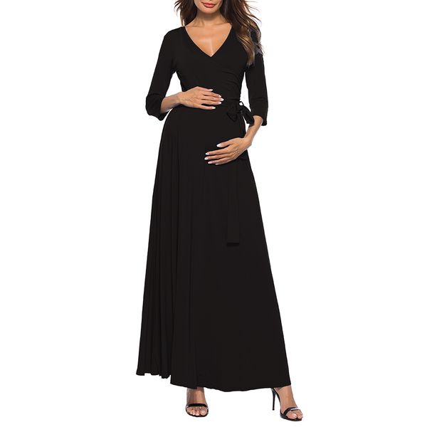 

women 3/4 length sleeve wraped ruched waistband maternity maxi long dress, White