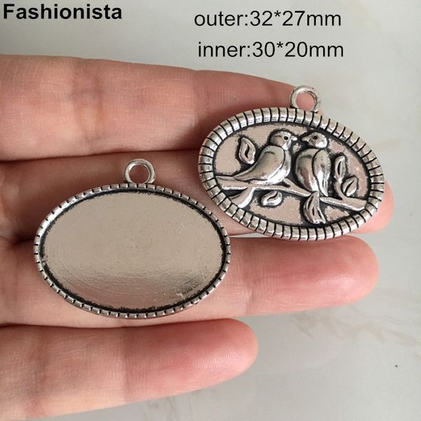 

birds blank pendant tray antique silver plated big oval cabochon base mounting 32*27mm (inside 30*20mm) base settings, Blue;slivery