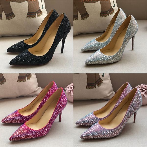 

fashion red bottom shoes luxury designer women high heels crystal sandals shoes rhinestone wedding party dress shoes with box, Black