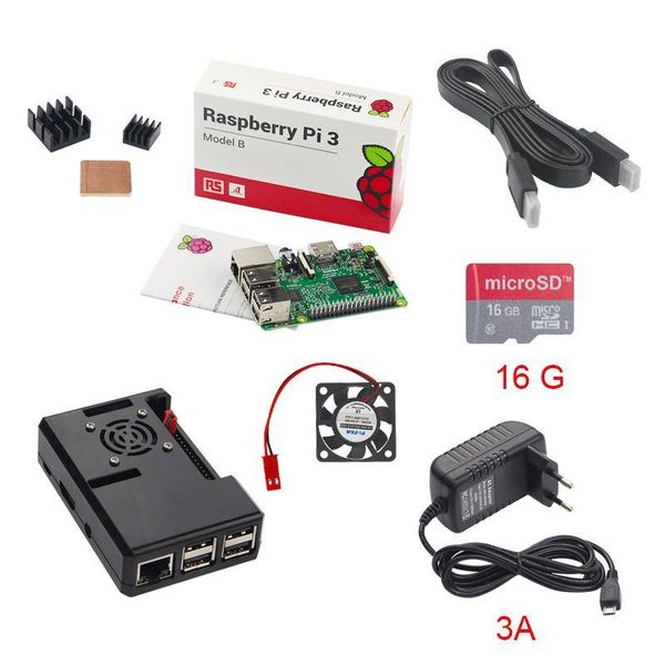 Freeshipping Original Reino Unido Raspberry PI 3 RS 3A Adaptador de Fonte de Alimentação 16G S-DC-ARD H-D-MI Cabo + Heatsinks + ABS CASE + ventilador de refrigeração para PI