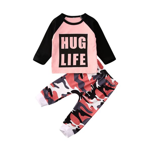 

2020 fashion newborn baby girl clothes boy clothing winter outfits clothes letter +camouflage pants 2pcs set 3-24m, White