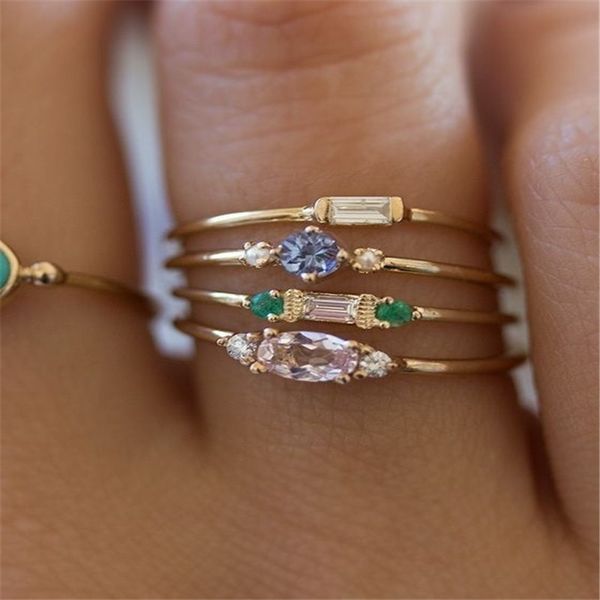 

new fashion 4pcs female ring sets 18k gold plated pink square crystal zircon wedding engagement rings for women sj, Silver