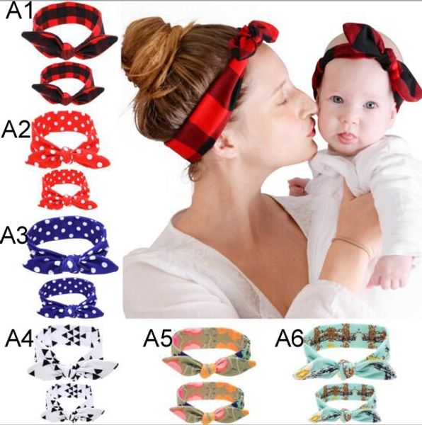 

multi colors mother baby rabbit headbands polka dots flowers print kids hair accessories fashion lovely bow kids baby parent hairband, Slivery;white
