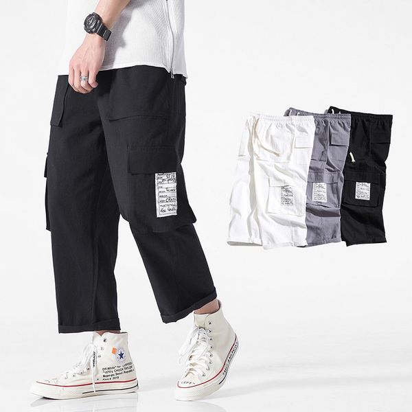 

men side pockets patchwork harem pants men 2019 summer hip hop casual joggers cotton trousers male fashion swag pants streetwear, Black