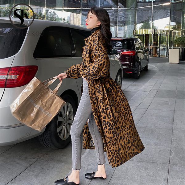 

autumn winter women fashion leopard print trench coat loose plus size 4xl corduroy outerwear zipper long trench coat female, Tan;black