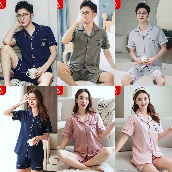 

antarctic short-sleeved cotton and pajamas shorts men's pajamas cotton thin youth women's home wear couple shorts suit, Blue;red