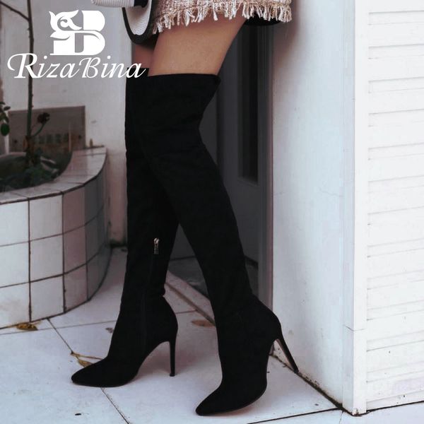 

rizabina plus size 32-46 ladies over the knee boots thin heels zipper pointed toe autumn winter shoes for women footwear, Black
