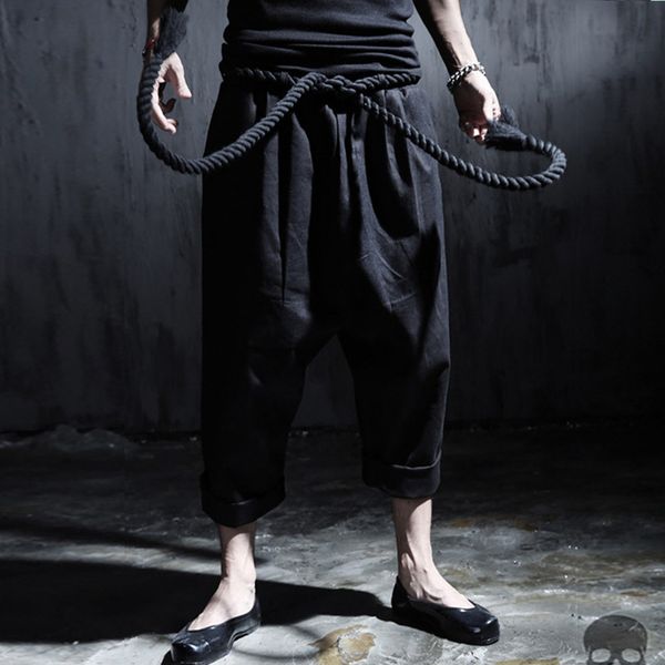 

men linen casual pant rope belt punk rock big crotch pants male ankle length trousers street fashion vintage harem pant,q87, Black