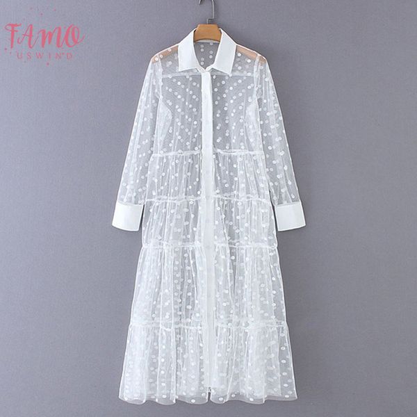 

women stylish polka dot patchwork transparent midi shirt dress long sleeve female chic ankle length mesh dresses vestidos, Black;gray