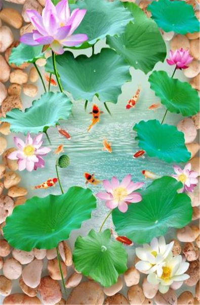 

customized cobblestone lotus trout pool 3d floor mural