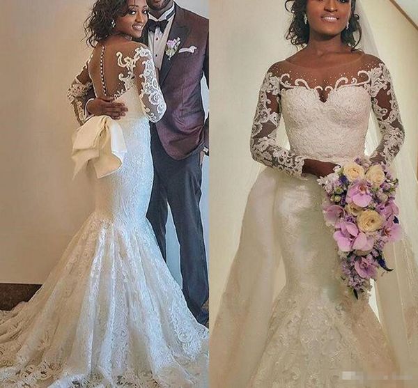

custom african long sleeves lace mermaid wedding dresses 2019 with detachable train appliques sweeep train bow wedding bridal gowns, White