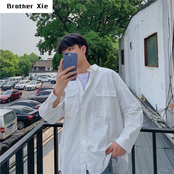 

men's casual shirts cotton shirt fashion solid color business dress streetwear society men loose long-sleeved, White;black