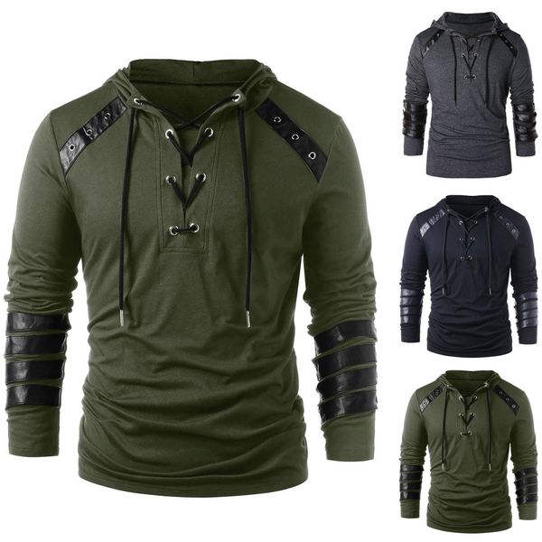 

men winter drawstring vintage sweathshirt 2019 new leather patchwork long sleeve hooded, Black