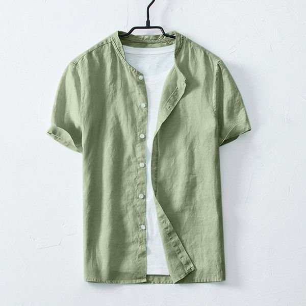 

2019 new arrive cotton linen shirt men solid henry collar casual shirts slim fit short sleeve mens shirt, White;black