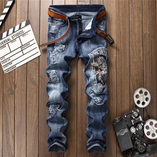 

fashion straight jeans men's motorcycle jeans embroidery holes denim casual jeans men's slim pants frayed pants, Blue