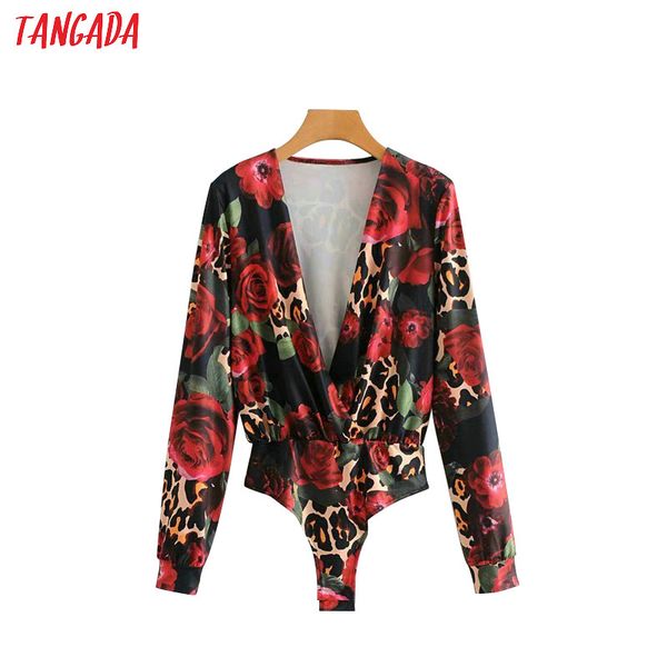 

tangada flower print bodysuit for wmen body suit deep v neck long sleeve street wear shirt playsuit 1f33, Black;white