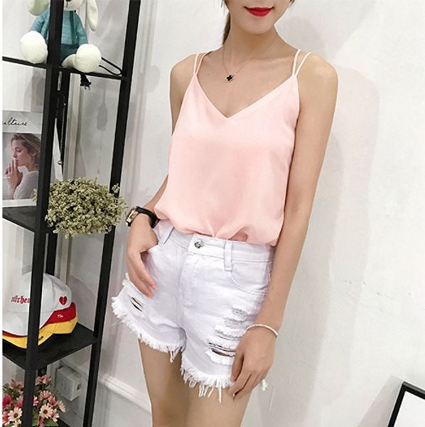 

stinlicher шифон топы для женщин sexy v шеи бретели танк дамы серый синий хаки розовый белый черный топ женский, White