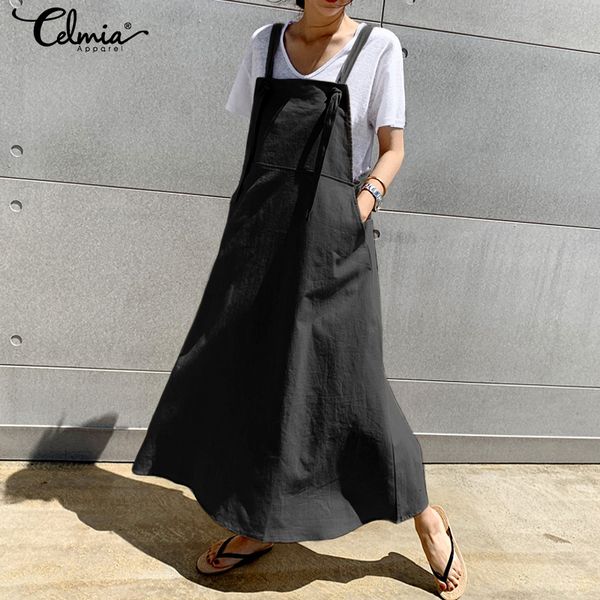 

vintage casual apron dress women's sundress 2019 celmia summer line overall suspend long dress female maxi dress robe 5xl, Black;gray