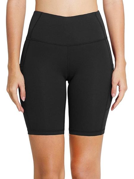 

womens 8 inch high waist workout yoga running compression exercise seamless fitness shorts leggings side pockets, White;red