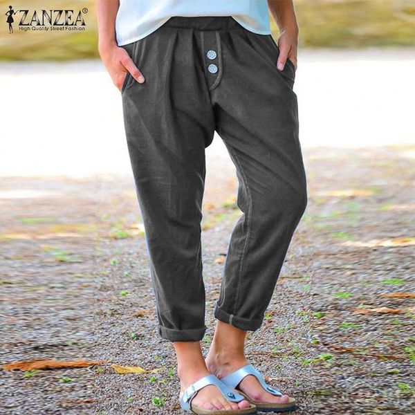 

zanzea women autumn harem pants casual elastic waist solid turnip pants vintage trousers cotton linen pantalon lady black, Black;white